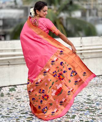 Pink woven meenakari polka paithani art silk blend saree 2