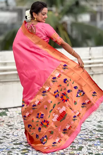 Pink woven meenakari polka paithani art silk blend saree