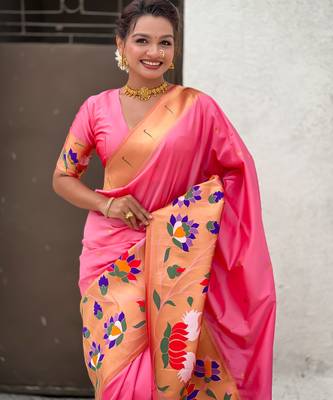 Pink woven meenakari polka paithani art silk blend saree 3