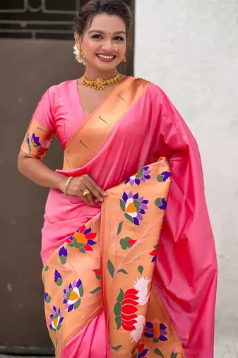 Pink woven meenakari polka paithani art silk blend saree