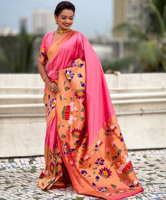 Pink woven meenakari polka paithani art silk blend saree 4