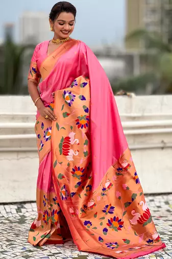Pink woven meenakari polka paithani art silk blend saree