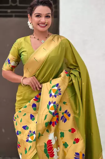 Mahendi woven meenakari polka paithani art silk blend saree