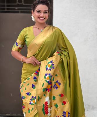Mahendi woven meenakari polka paithani art silk blend saree 3