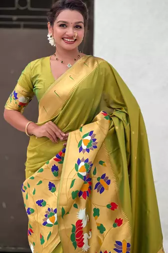 Mahendi woven meenakari polka paithani art silk blend saree