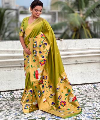 Mahendi woven meenakari polka paithani art silk blend saree 4