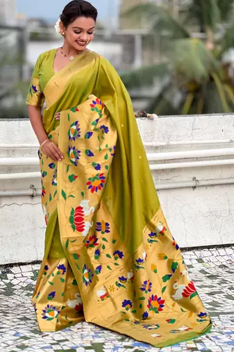Mahendi woven meenakari polka paithani art silk blend saree
