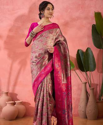 Woven jacquard silk blend pink saree 1