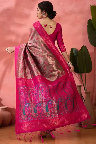 Woven jacquard silk blend pink saree