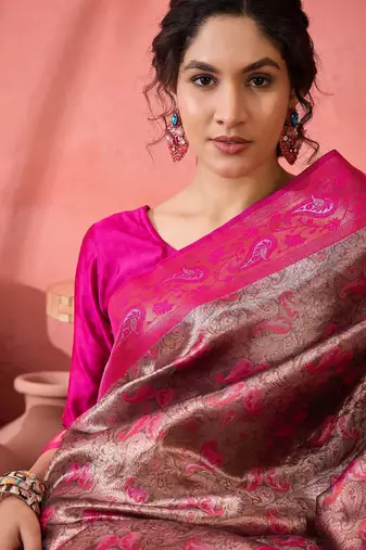 Woven jacquard silk blend pink saree