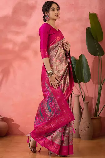 Woven jacquard silk blend pink saree