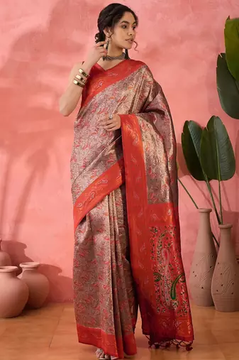Woven jacquard silk blended brown saree