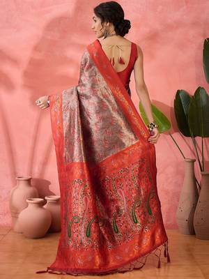 Woven jacquard silk blend brown saree 2