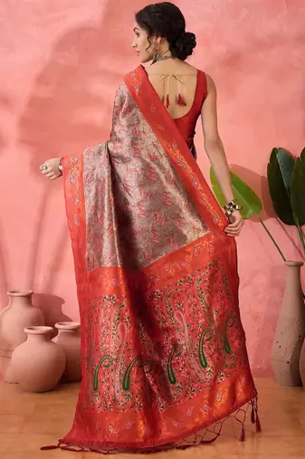 Woven jacquard silk blend brown saree
