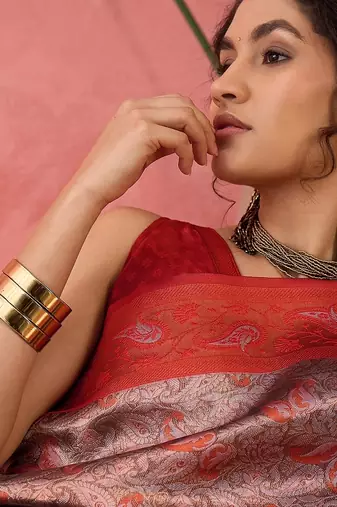 Woven jacquard silk blend brown saree
