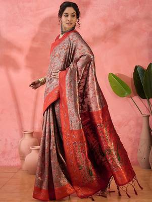 Woven jacquard silk blend brown saree 4