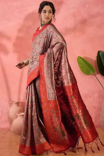 Woven jacquard silk blend brown saree