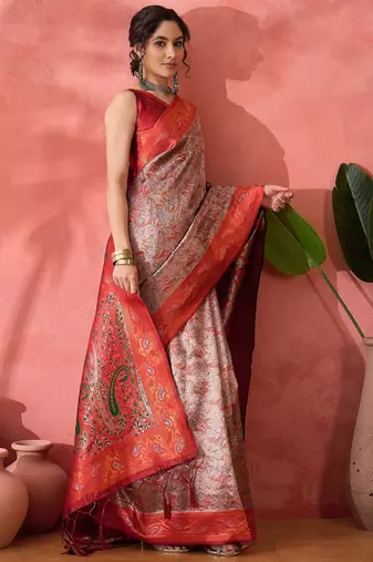 Woven jacquard silk blend brown saree