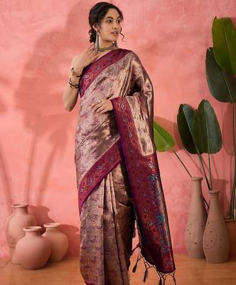 Woven jacquard silk blend wine saree 1