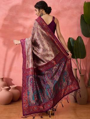 Woven jacquard silk blend wine saree 2