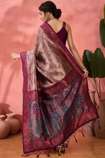 Woven jacquard silk blend wine saree