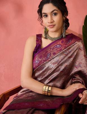 Woven jacquard silk blend wine saree 3