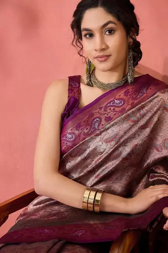 Woven jacquard silk blend wine saree