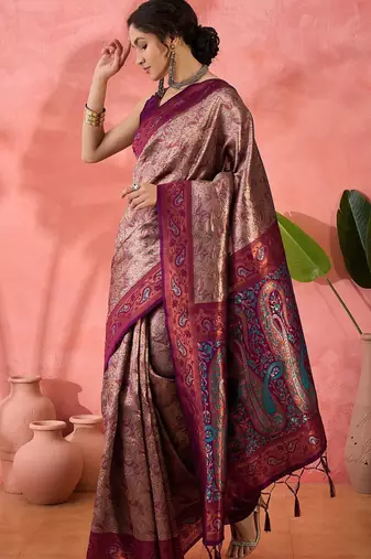 Woven jacquard silk blend wine saree