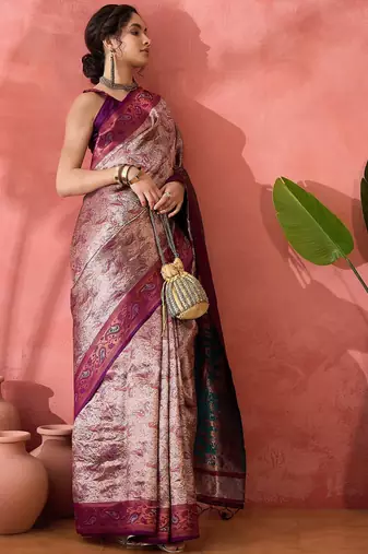 Woven jacquard silk blend wine saree