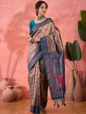 Woven jacquard silk blend teal blue saree 1