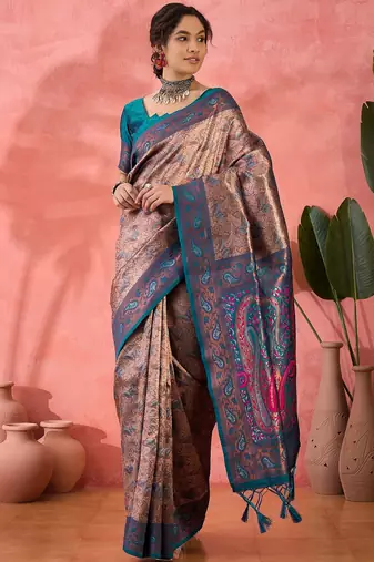 Woven jacquard silk blended teal blue saree
