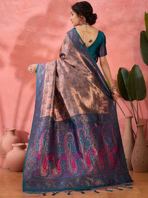 Woven jacquard silk blend teal blue saree 2