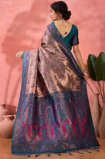 Woven jacquard silk blend teal blue saree