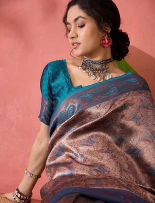 Woven jacquard silk blend teal blue saree 3