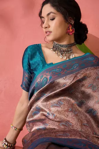 Woven jacquard silk blend teal blue saree