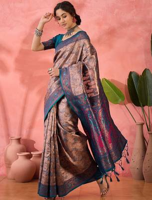 Woven jacquard silk blend teal blue saree 4
