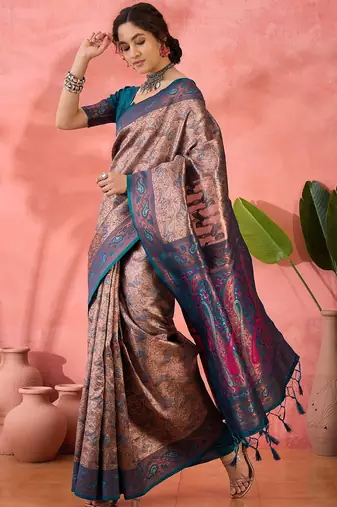 Woven jacquard silk blend teal blue saree