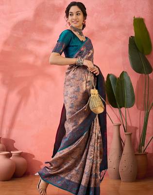 Woven jacquard silk blend teal blue saree 5