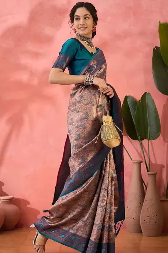 Woven jacquard silk blend teal blue saree