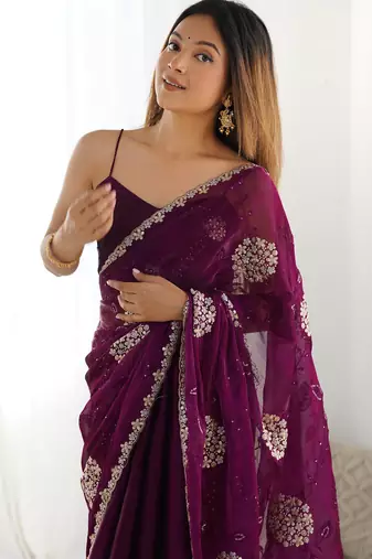 Wine embroidered jimmy choo saree