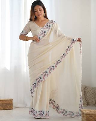 Off white vichitra art silk blend saree 1