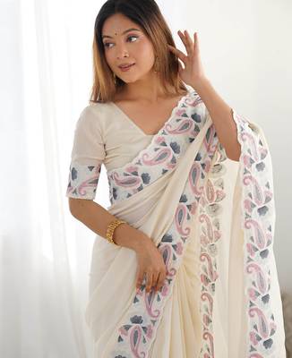 Off white vichitra art silk blend saree 3