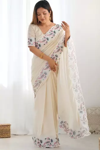 Off white vichitra art silk blend saree