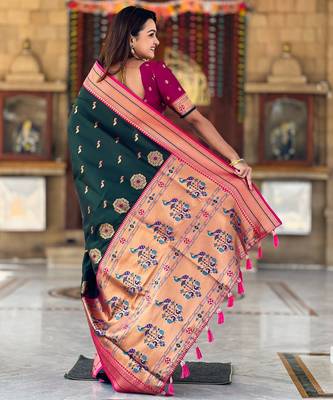 Green paithani art silk blend woven jacquard saree 2