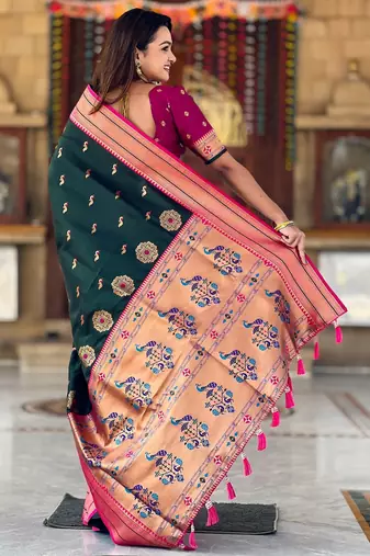 Green paithani art silk blend woven jacquard saree