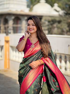 Green paithani art silk blend woven jacquard saree 3