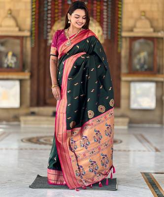 Green paithani art silk blend woven jacquard saree 4