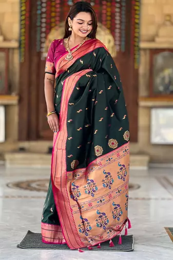 Green paithani art silk blend woven jacquard saree