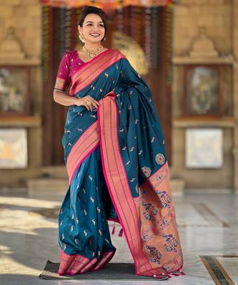 Teal blue paithani art silk blend woven jacquard saree 1
