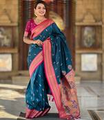 Teal blue paithani art silk  woven jacquard saree